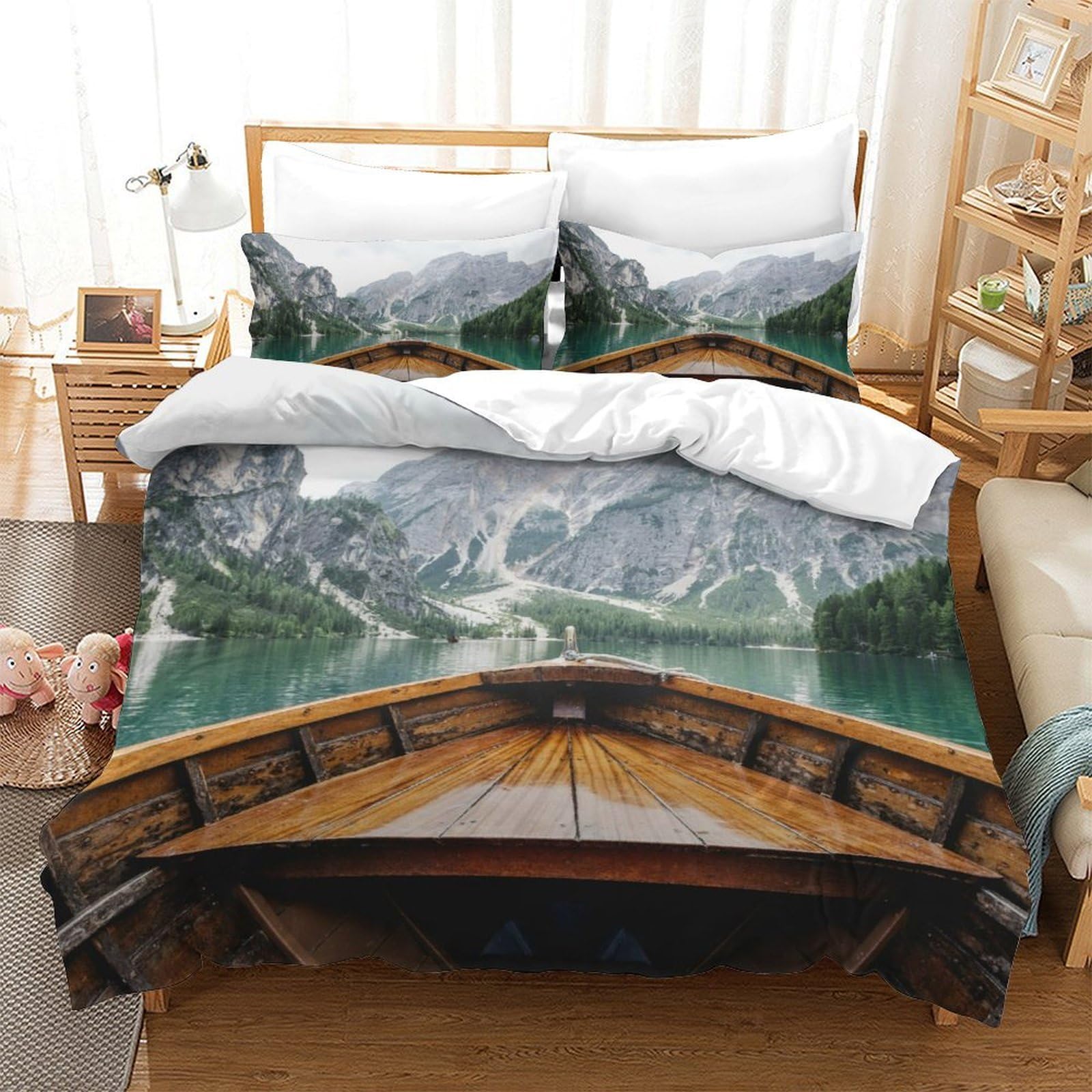 Housse de couette montagnes et lac avec taies d'oreiller fermeture éclair parure de lit 220x240