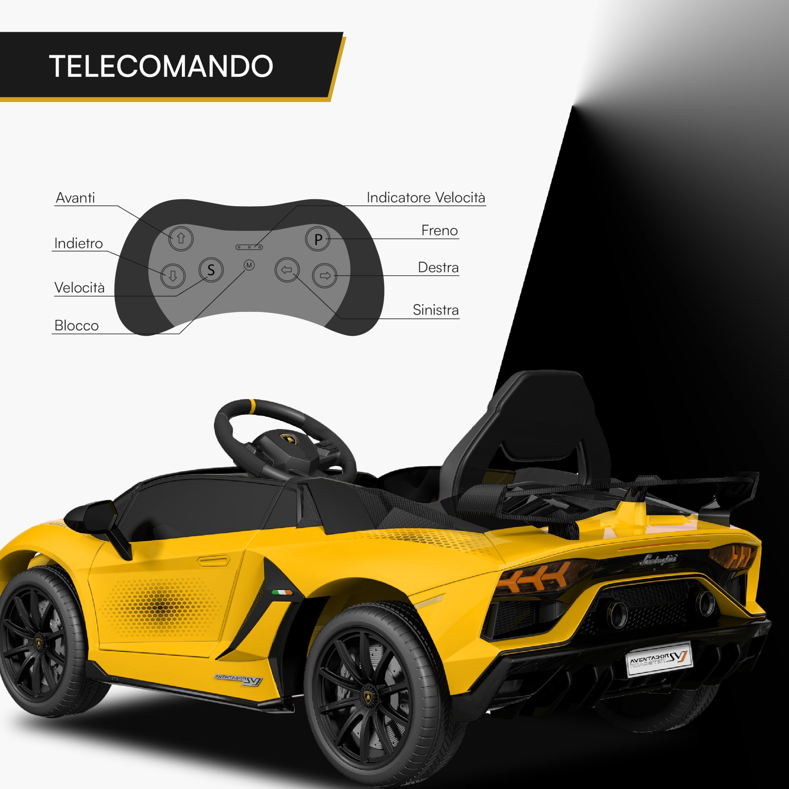 Baroni Toys Lamborghini Baby Car Elettrica 6V con Telecomando Genitori, Suoni, MP3, Retromarcia, Auto per Bambini 1-4 Anni, 100x60x50 cm Gialla