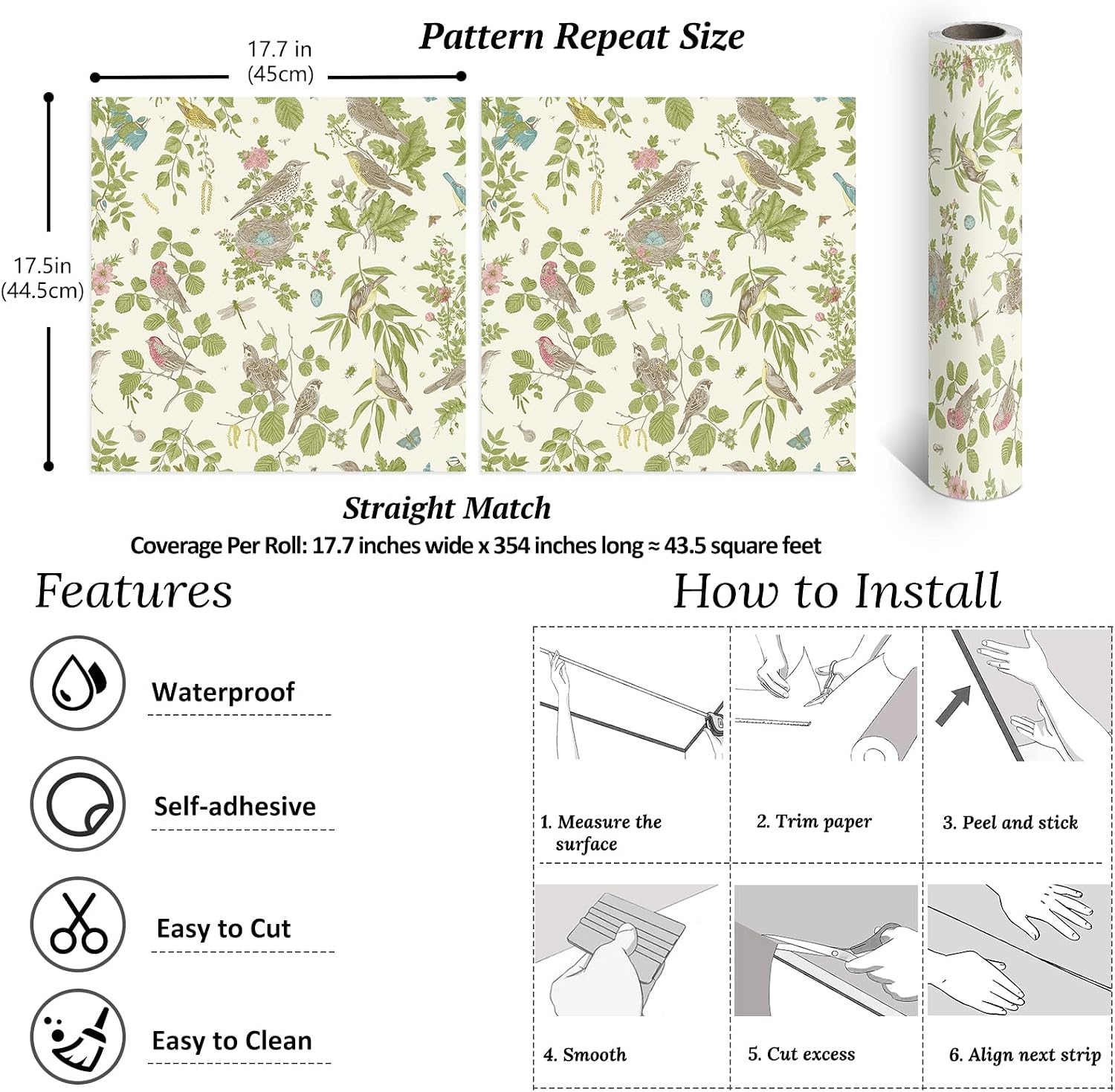 VEELIKE Retro Cottage Bird Wallpaper Stick and Peel Vintage Floral Wallpaper with Butterfly Dragonfly 17.7''x354'' Boho Botanical Wall Paper Removable Self Adhesive Contact Paper for Bedroom Bathroom
