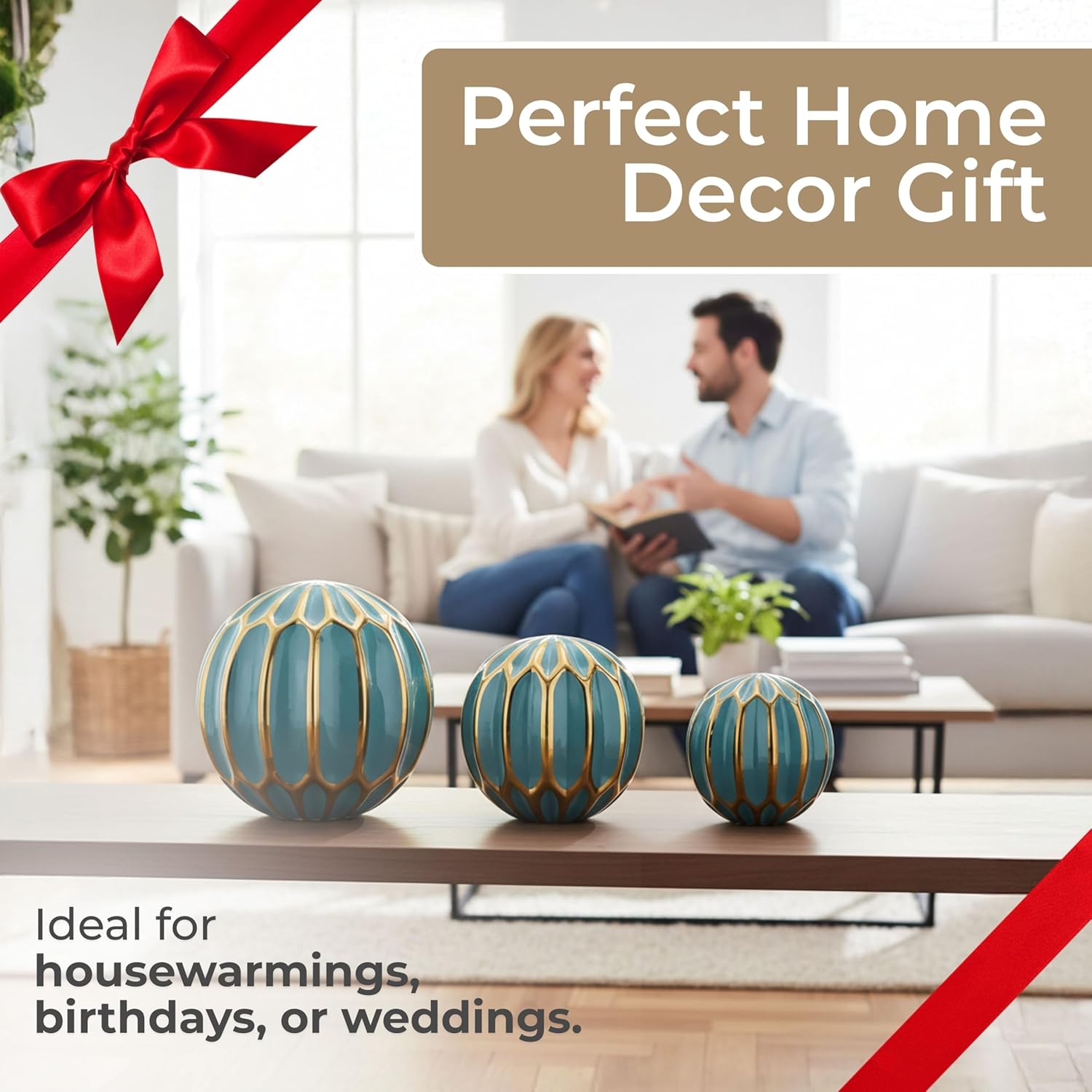 Sagebrook Home Set of 3 Blue Decorative Orbs – Stoneware & Ceramic Spheres for Home & Office Decor – Elegant Accent Pieces for Living Room, Bedroom, Coffee Table & Shelves