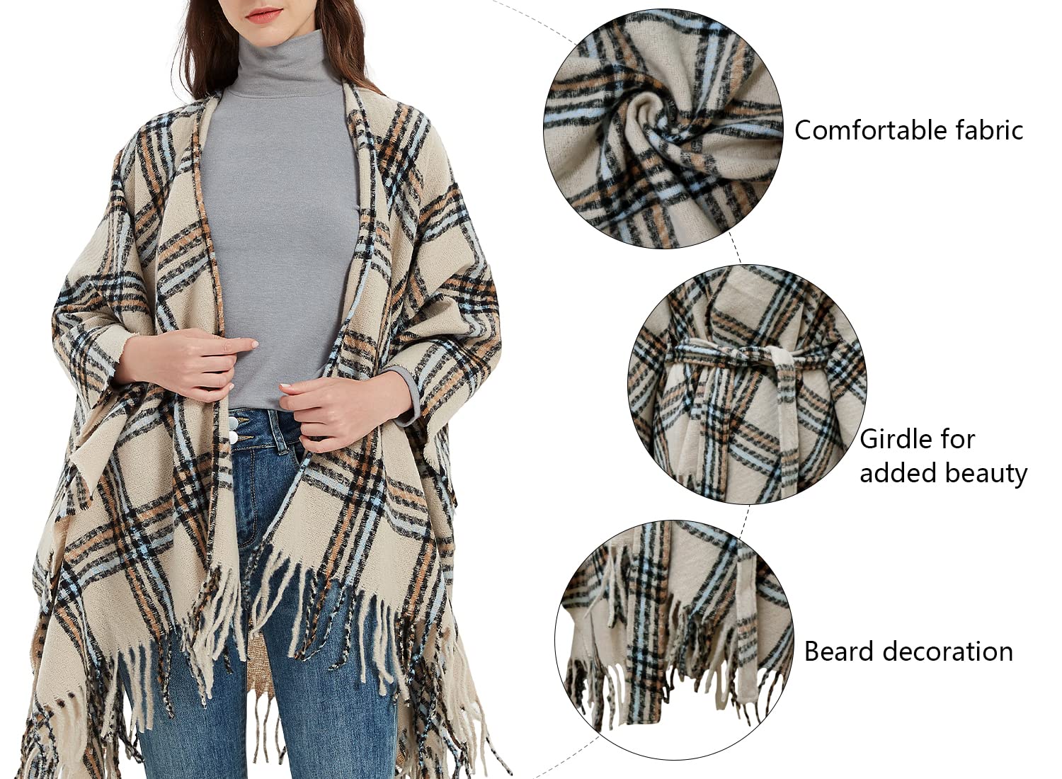 Rayson Donna Inverno Modo Caldo Scialle Frange Cardigan Maglioni Delle Signore Plaid Stampa Anteriore Aperto Poncho Con Scollo a V Kimono Cintura Wrap Cape