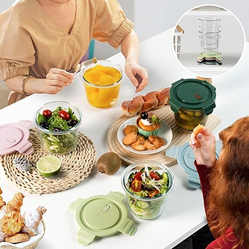 Miniatura 7 de Juego de 8 recipientes de avena con tapas, 3 tazas de vidrio para almacenar alimentos, resistentes al calor, sin BPA, con pestañas de bloqueo