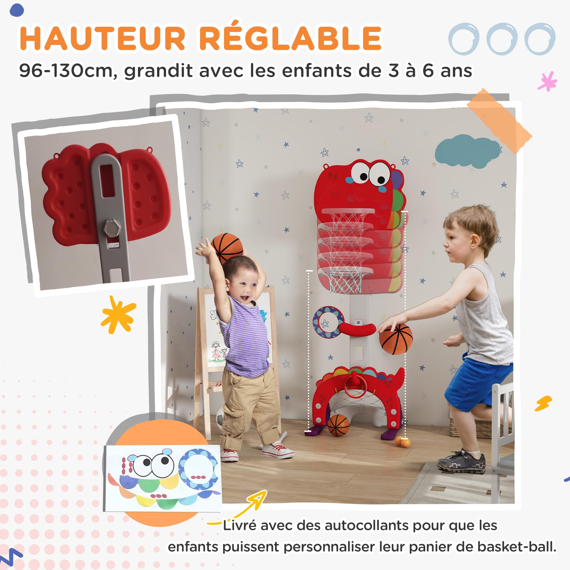 AIYAPLAY Panier de Basket-Ball pour Enfants Hauteur Réglable 3-6 Ans Rouge