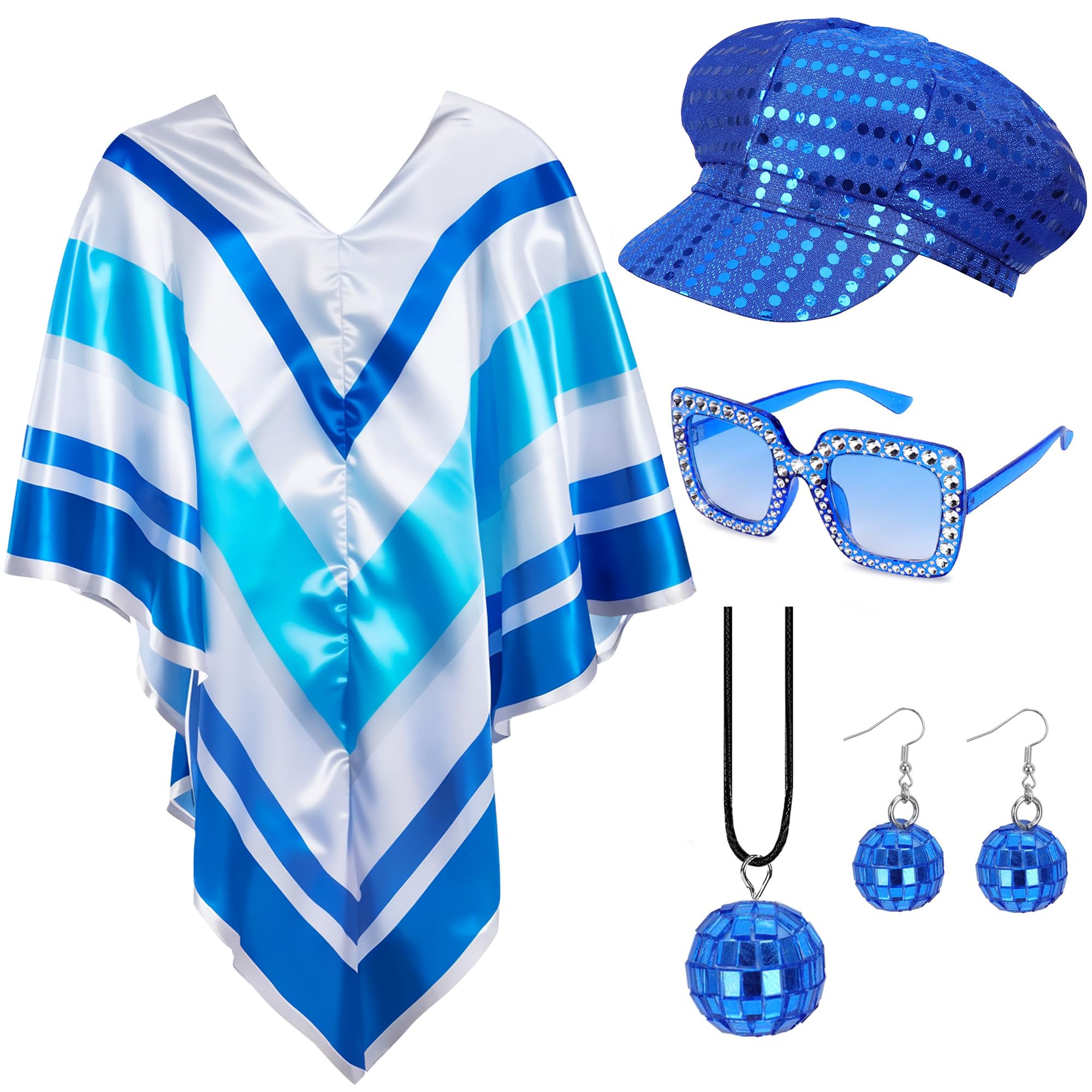 5 Pcs 70s Fancy Dress Set for Women, Disco Costume Accessories with Pop Poncho Sequin Beret Hat Square Bling Sunglasses Earrings Necklace for 70s Theme Party Dress Up (Blue)