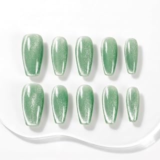 Sun&Beam Nails Handmade Press-On Medium Long Coffin Ballerina with Mint Green Cat Eye Design Charm Cute False Nail Tips 10 Pcs (#88 S)