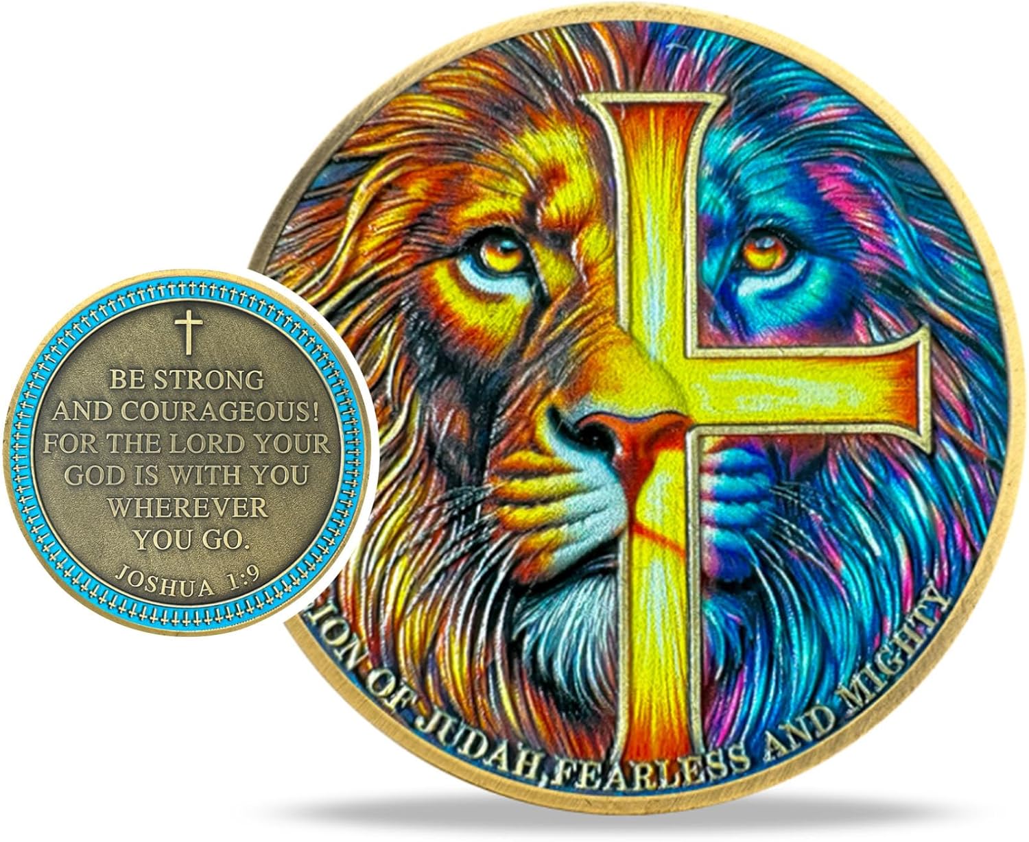 The Lion of Judah Christian Coin, Inspirational Christian Challenge Coin Be Strong and Courageous, Religious Prayer Coin with Joshua 1:9, Jesus Inspirational Bible Verses Gift for Men Women