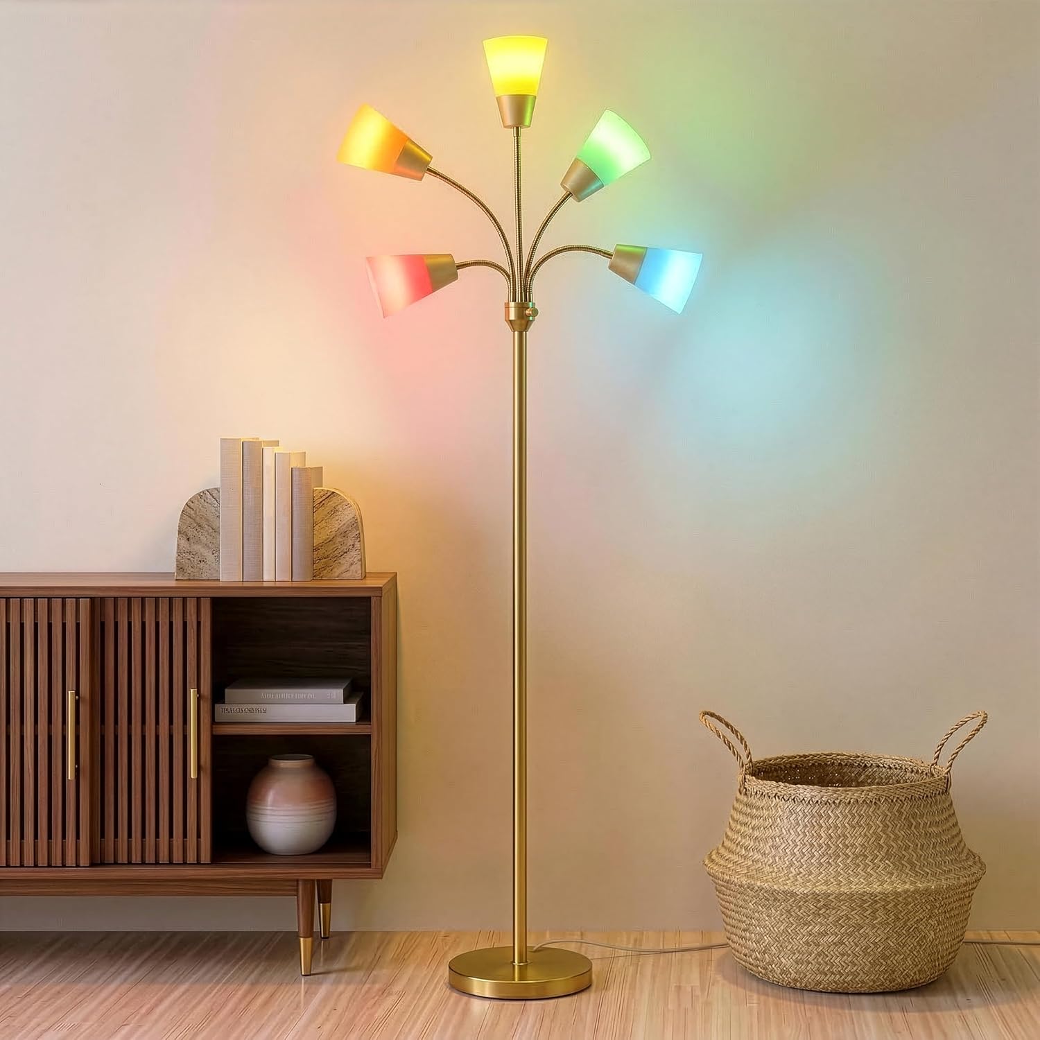 Brightech Medusa Modern LED Floor Lamp – Multi Head Floor Lamp for Living Rooms & Offices – Tall Lamp with Interchangeable Shade, Standing Lamp with 5 LED Bulbs for Hobbies - Brass