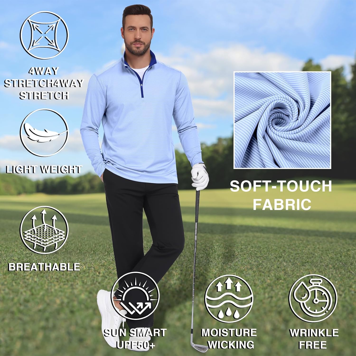 Mens Quarter Zip Golf Pullover - Long Sleeve, Striped, UPF 50+, Dry-Fit with Collar for Running & Casual - Image 5