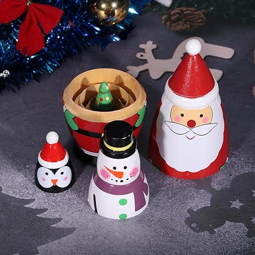 Miniatura 6 de Yoption Muñecos de anidación rusos de Navidad hechos a mano de madera Papá Noel pingüino muñeco de nieve Matryoshka muñecas apilables para Navidad,