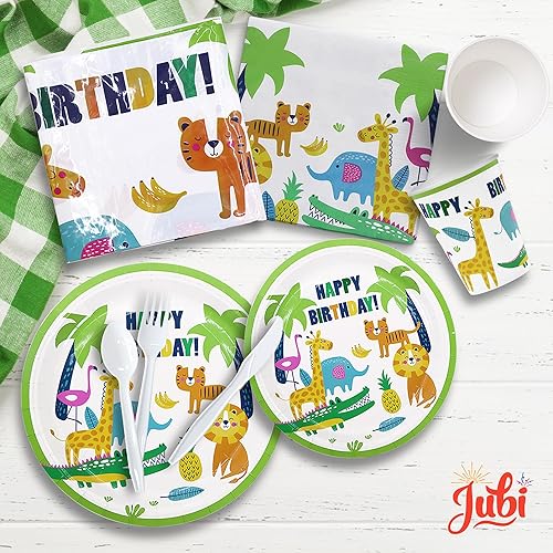 Miniatura 4 de Jubi Juego de vajilla de papel de 211 piezas con diseño de feliz cumpleaños de la selva para 30 personas, platos de safari, tazas con estampado de