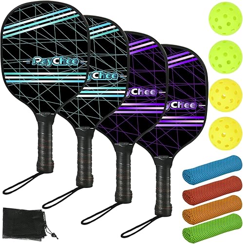 RayChee Pickleball Paddles, Light Pickleball Paddles Set of 4, Pickleball Set w 4 Outdoor Pickleball Balls, 4 Cooling Towels & Pickleball Bag,