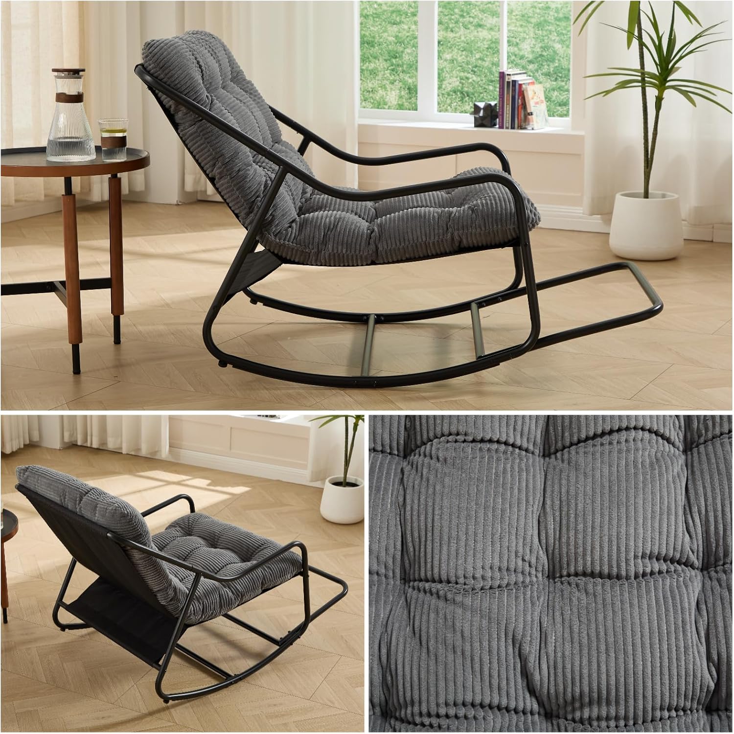 Outdoor Rocking Chair, Patio Recliner Chair with Black Metal Frame & Soft Thick Cushion, Corduroy Upholstered Tufted Rocker Chair with Footstool for Living Room, Soft Lounge Chair, Grey