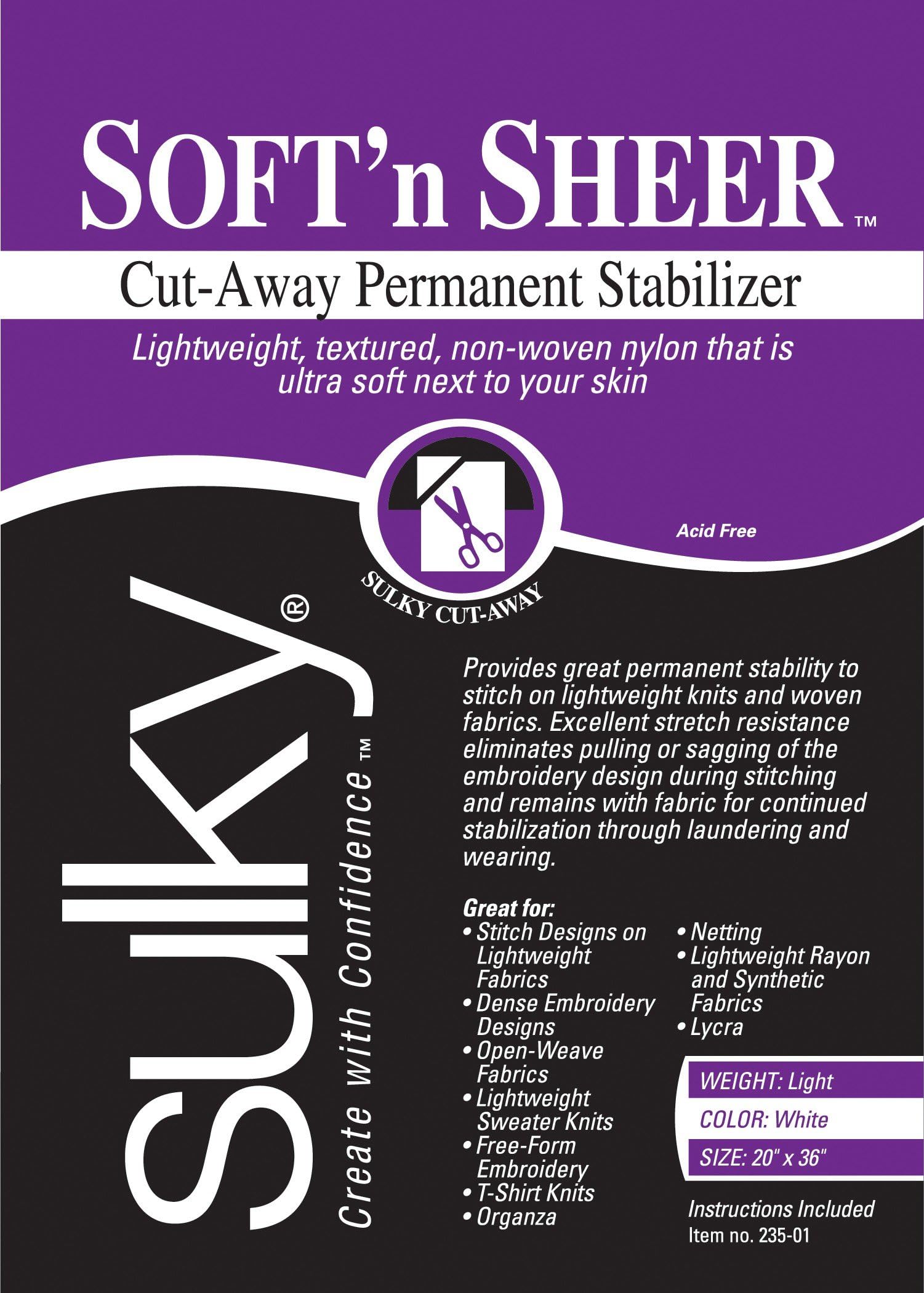 Of America 235-01 Cut Away Soft N Sheer Stabilizer, 20" by 1 yd, White