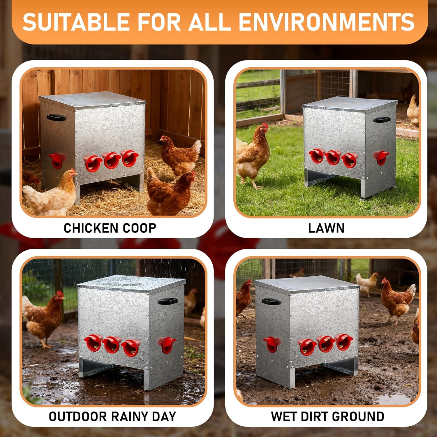 VINGLI Chicken Feeder with 5 Feeding Ports, 85 lb No Waste Large Capacity Metal Poultry Feeder with Handles and Lid for Backyard Chickens and Poultry (5 Ports)
