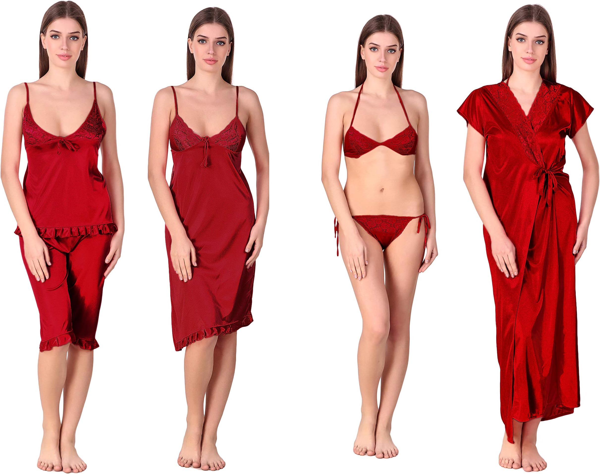 Women Satin Nightwear/Night Dress/Nighty Set of 6 Pcs Nighty,Robe,Top,Pajama,Bra and Thong(Pack of 6)