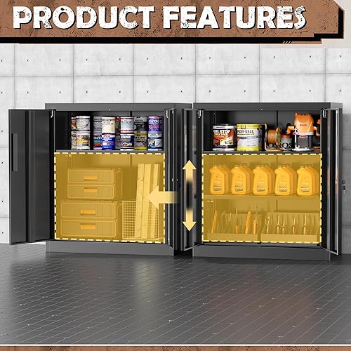 Miniatura 10 de INTERGREAT Armario de almacenamiento de garaje con cerradura, gabinete de almacenamiento de metal de 72 pulgadas con puertas de bloqueo y 4 estantes
