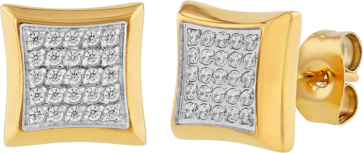Stainless Steel Square Stud Earrings Pair for Men with Cubic Zirconia - Stylish Pushback Design - Choice of Colors