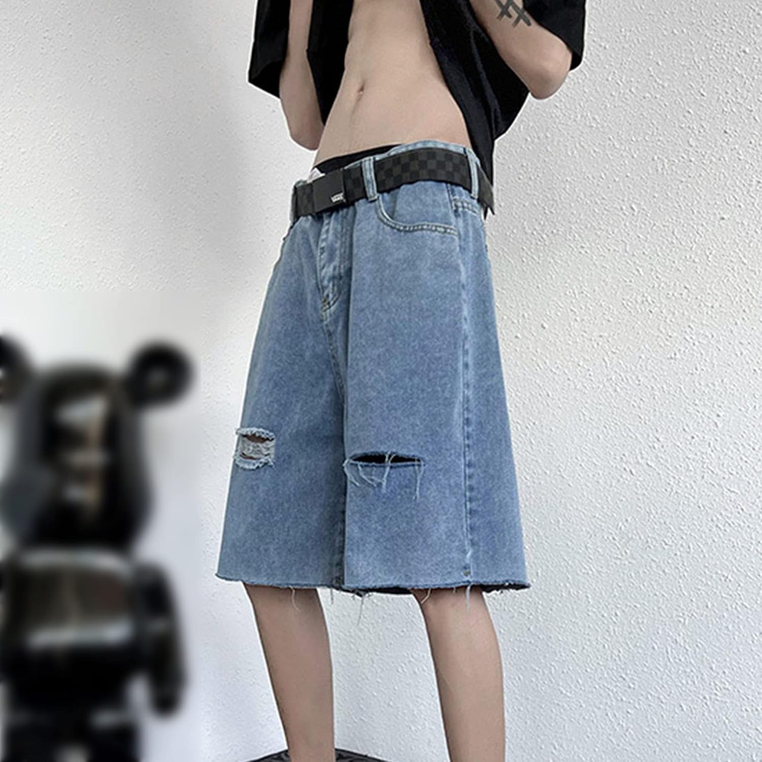 DGHM-JLMY Men's Washed Ripped Straight Jean Shorts Frayed Raw Hem Denim Shorts Distressed Fashion Outdoors Short Jeans