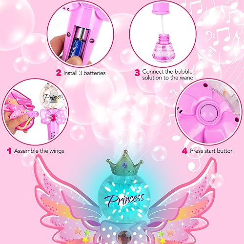 Miniatura 5 de ArtCreativity Varita de burbujas de princesa para niños, máquina sopladora de burbujas con luz LED y sonidos, juguete de burbujas para niños,