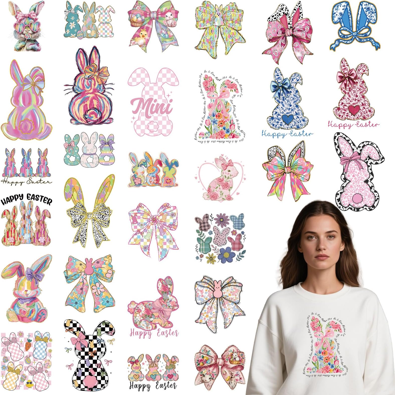 Dtf Transfers Ready to Press - 30 Pcs Easter Bunny Iron on Patches for T-Shirts, Rabbits Bow Iron on Stickers Heat Transfer Vinyl Decals for DIY Fabric Clothes Decor