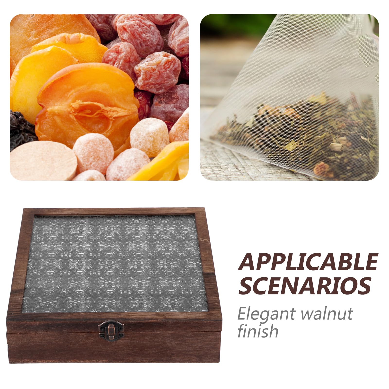 NUOBESTY Organisateur de Sachets de Thé 12 Compartiments en Bois Noyer, Boîte à Thé Compartimentée 23 X 23 X 6 Cm, Rangement Compact Cuisine et Bureau avec Fenêtre D’accès Rapide