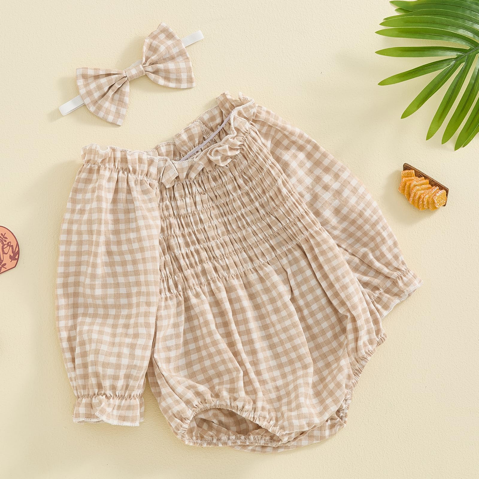Baby Girls Ribbed Romper Outfits Ruffle Sleeve Bodysuit with Plaid Romper Dress One Piece Bubble Playsuit+Headband (Plaid Khaki, 0-3 Months)