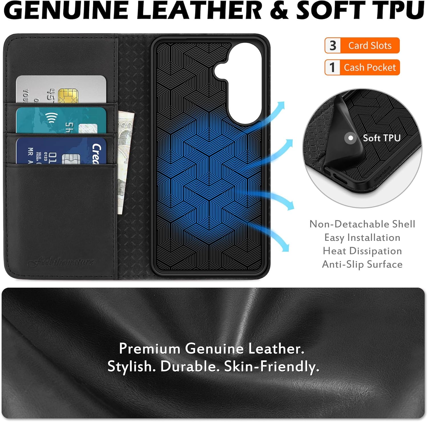 SHIELDON Wallet Case for Galaxy S26+ Plus 6.7", Genuine Leather Folio Magnetic Closure, Kickstand, RFID Blocking Card Holder, Full Protective Phone Cover Compatible with Galaxy S26+ 2026 - Black