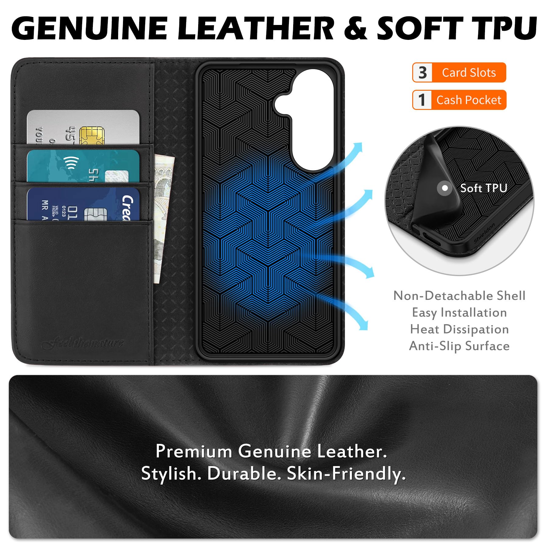 SHIELDON Funda para Galaxy S26+ Plus 6.7", Carcasa de Cuero Genuino con Soporte para Tarjeta, Bloqueo RFID, Protección Completa, Magnética, Leather Case Compatible con Galaxy S 26+ 2026 - Negro