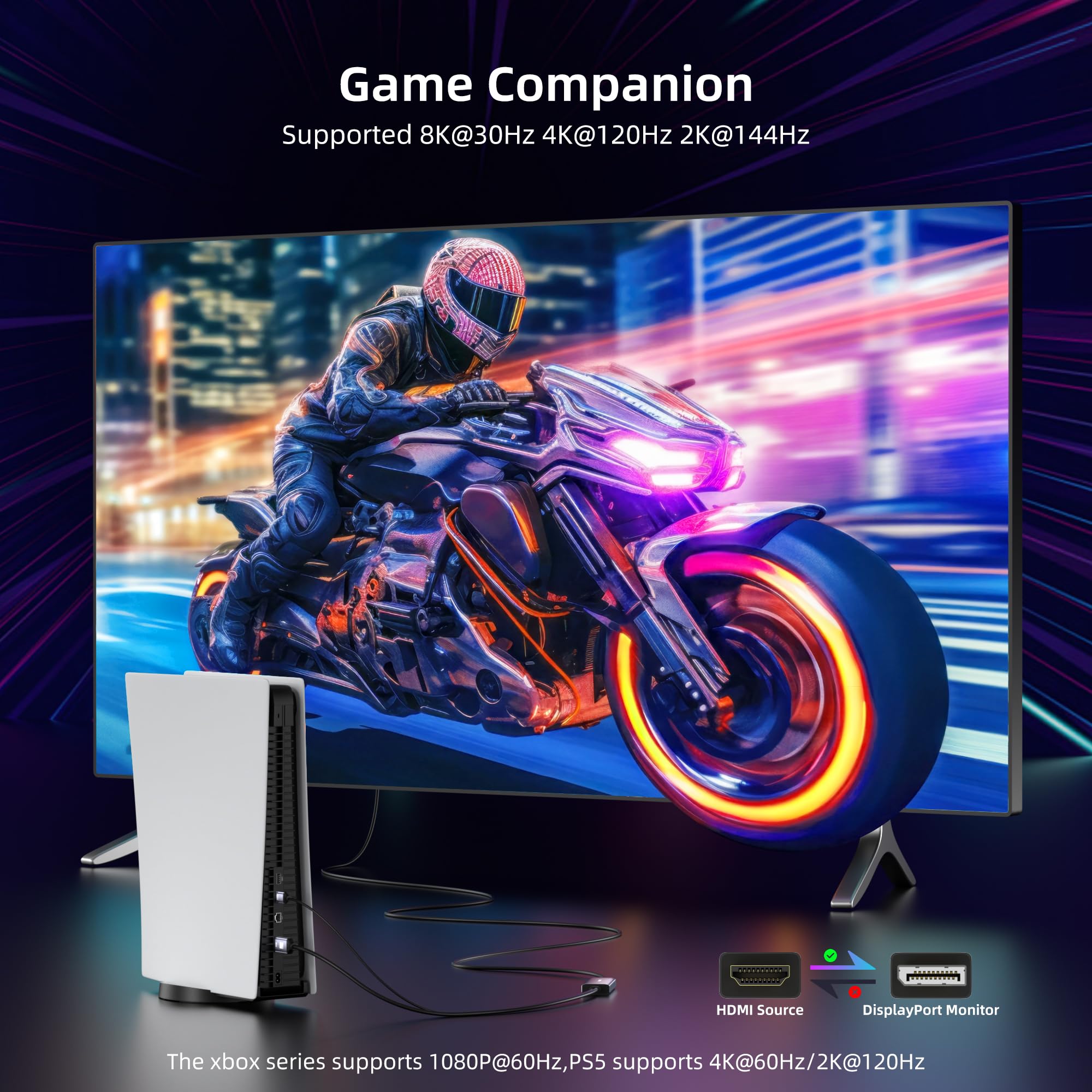 Cavo da HDMI a Displayport, adattatore da HDMI 2.1 a Displayport 1.4 4K a 120 Hz, alimentazione USB, per laptop, GPU discrete, PS5 e Xbox Series X e monitor da gioco