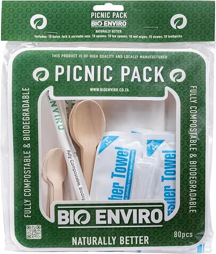 Picnic Pack | 100% Biodegradable & Compostable | Sustainable & Eco-Friendly | 10 units: Cutlery(Fork, Knife, serviette)10x Spoons, Tea Spoons, Wet Wipes, Straws, Toothpicks