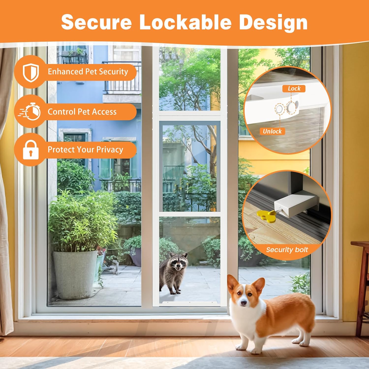 Dog Door for Sliding Glass Doors, 74.8"–79.9" Height Adjustable, Two-Piece Design Pet Door with Lock, Easy Insert-Install, No-Drill Needed, Ideal for Apartments, Rentals, Balconies & Patios