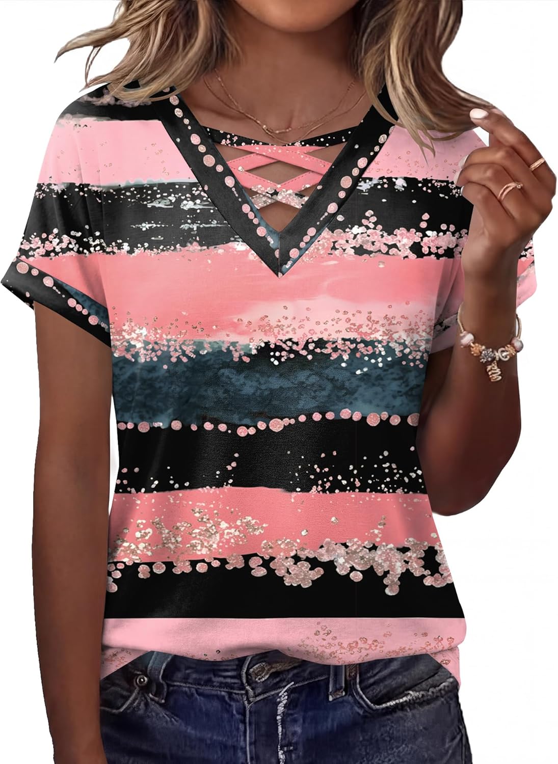 Rapbin Short Sleeve Shirts for Women Spring Tops for Women 2026 V Neck Criss Cross Tees Womens Summer Tops