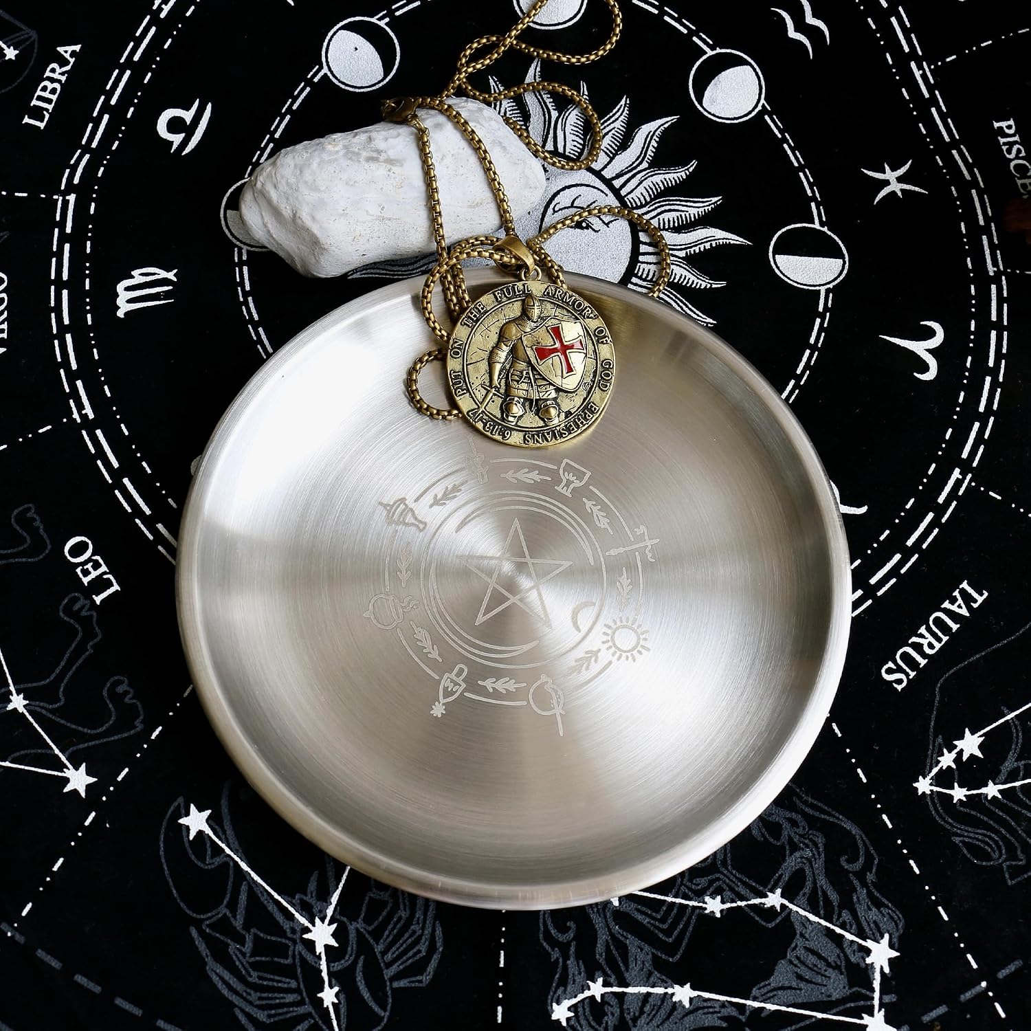 Stainless Steel Offering Bowl, 5.5 Inch Ritual Plate, Silver, for Altar and Incense (Wicca Pentacle)