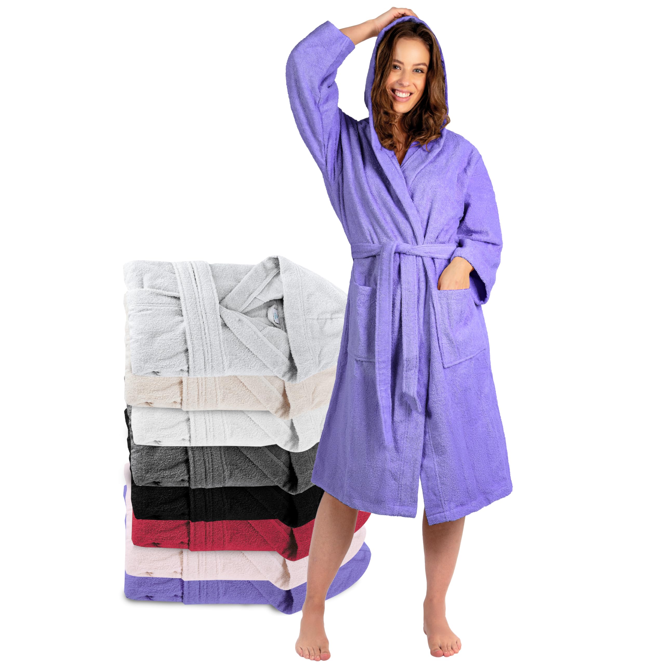 Twinzen Bata Mujer - 100% Algodón, Certificado Oeko Tex - Albornoz de Algodón con Capucha, 2 Bolsillos, Cinturón - Bata de Baño Suave, Absorbente y Cómoda