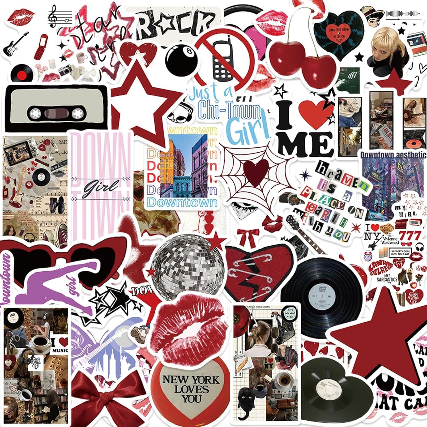 50Pcs Aesthetic Downtown Girls Stickers Pack Cool Trendy Y2K Stickers for Water Bottle Funny Waterproof Sticker for Teens Adults Vinyl Sticker for Laptop Skateboard Party Supplies(Downtown)-image-42