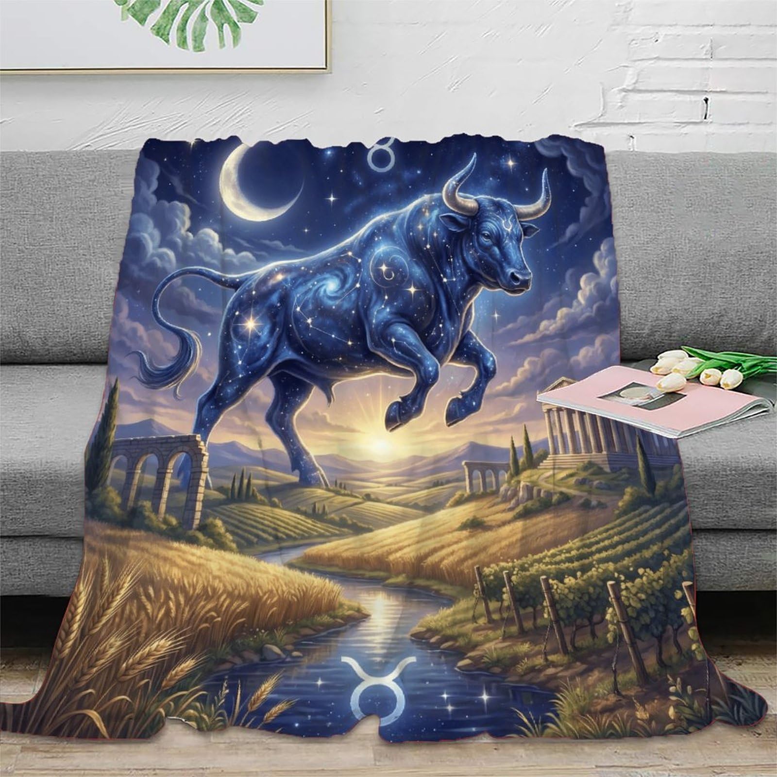 H3B8U2Y5 Taurus Zodiac Fantasy Bull Flannel Throw Blanket, Car Travel Couch