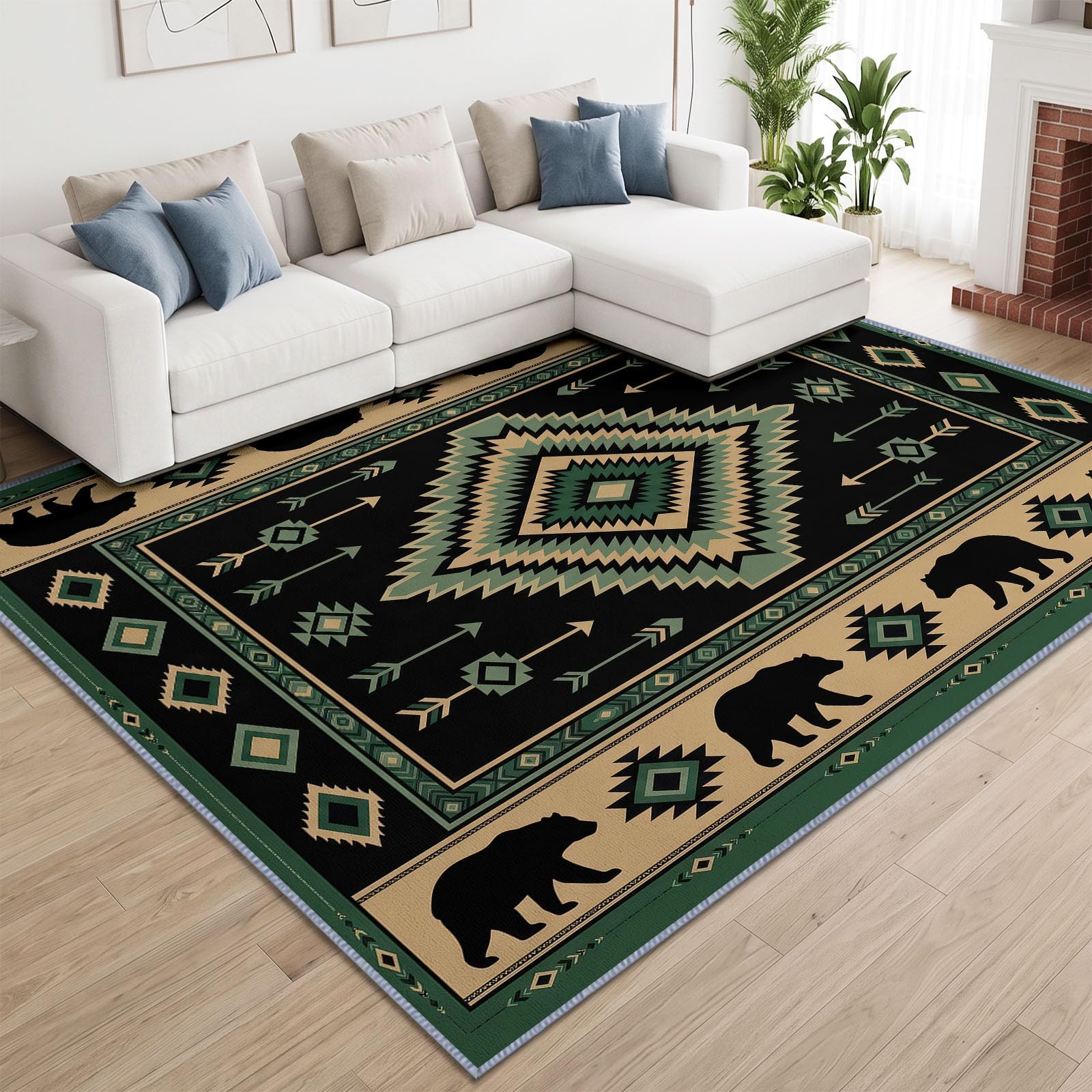 Waschbarer Wohnzimmerteppich 180 x 240 cm Traditionelle Ethnische Geometrische Raute Pfeil Flauschig Weich Teppiche, Schwarz rutschfest Pflegeleicht Teppiche für Wohnzimmer Schlafzimmer Kinderzimer