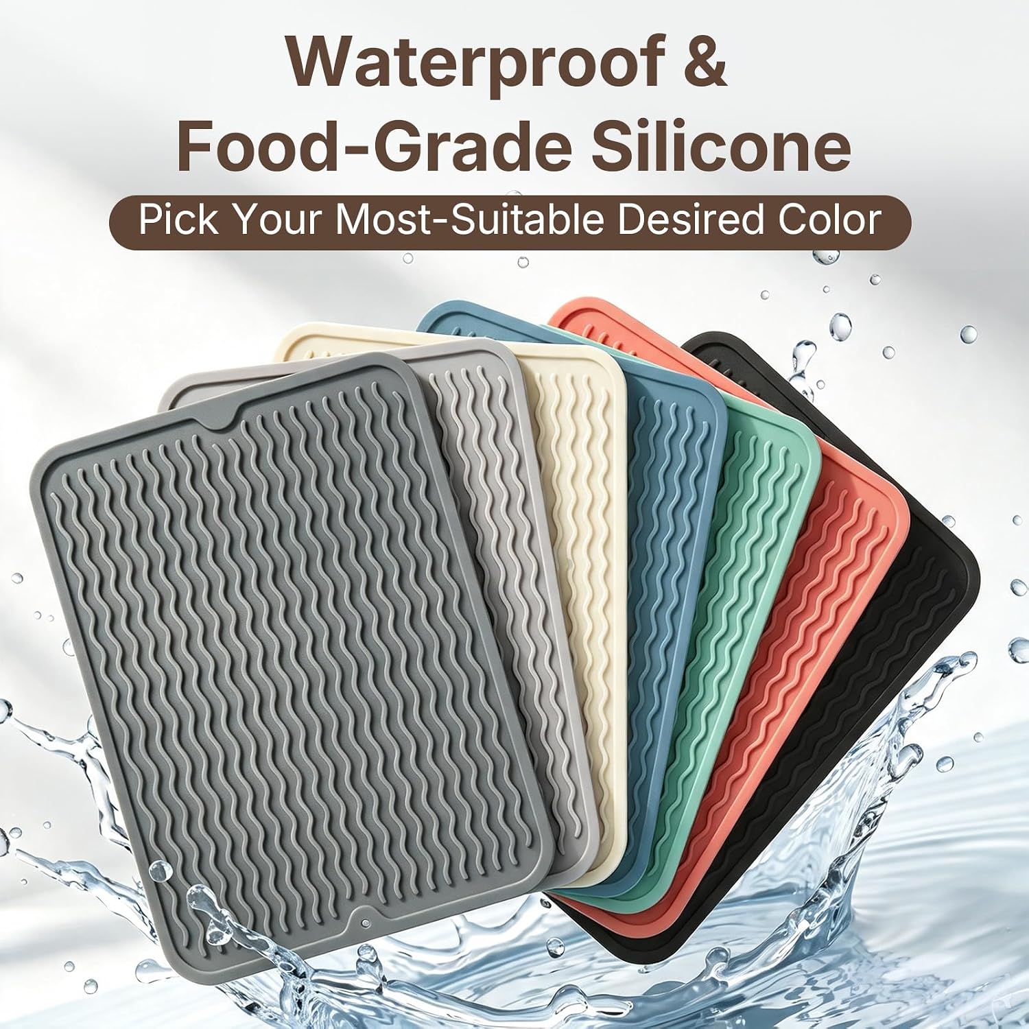 2 Pack Silicone Dish Drying Mat for Kitchen Counter, 16" X 12", Heat Resistant & Non-slip Kitchen Drying Mats, Quick-Dry Ridges, Dishwasher Safe, Hangable & Roll-Up for Storage, Dark Gray