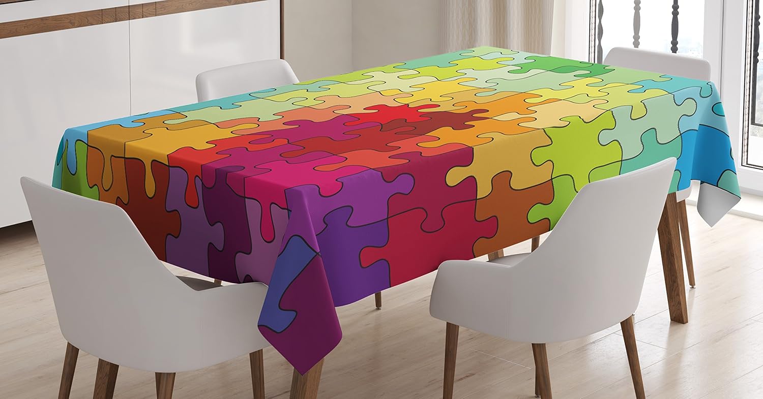 Ambesonne Abstract Tablecloth, Colorful Puzzle Pieces Fractal Hobby Activity Leisure Toys Cartoon Image, Rectangular Table Cover for Dining Room Kitchen Decor, 60" X 90", Green Purple