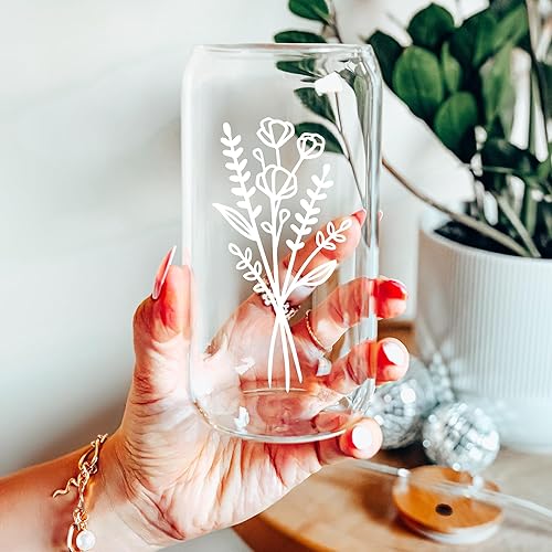 Miniatura 2 de Bonitas tazas de vidrio con tapas y pajitas, taza de café helado estética, tazas de café con flores, vaso personalizado con pajilla, regalos de