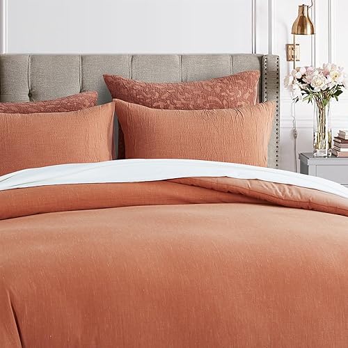 Miniatura 2 de Juego de edredón de lino y algodón tamaño King, color naranja quemado, extra suave, lavado, juego de ropa de cama de 3 piezas (1 edredón, 2 fundas
