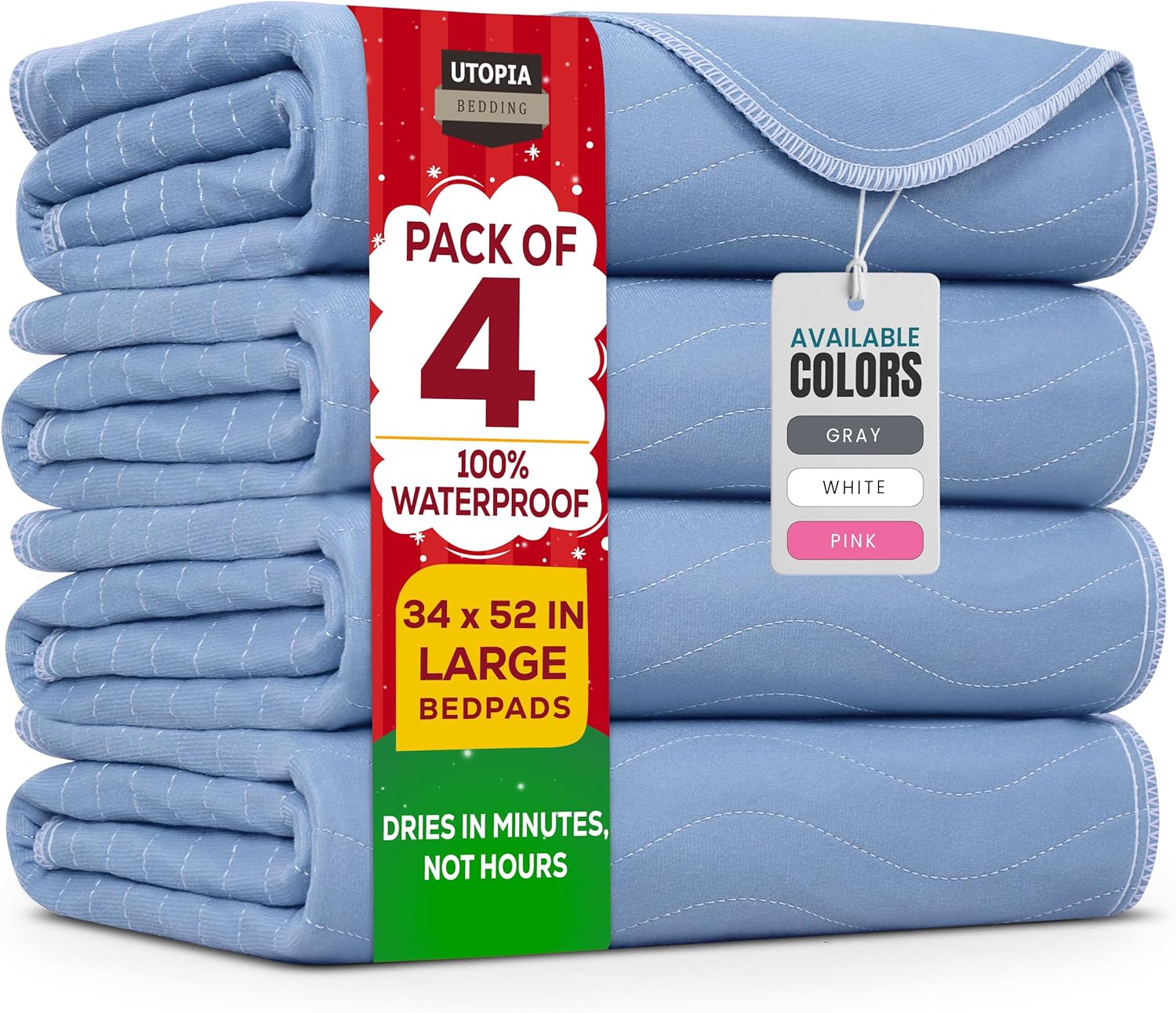 Utopia Bedding Washable Underpads 34" x 52" (Pack of 4), Waterproof Reusable Heavy Absorbency Incontinence Bed Pads for Adults, Kids, Elderly and Pets, Bedwetting Pads for Sofa and Couch (Bl