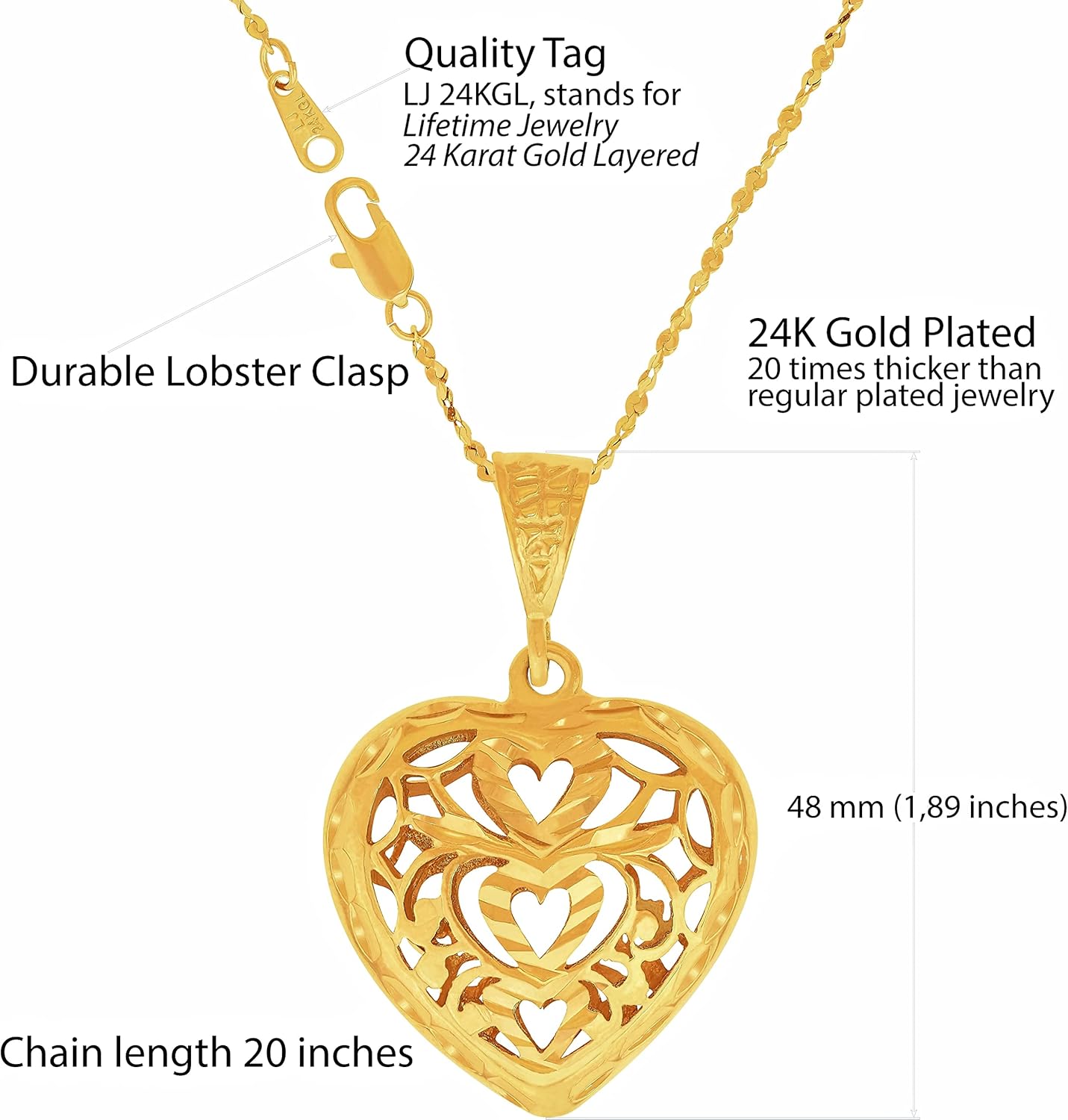 LIFETIME JEWELRY Filigree Heart Pendant with Twisted Nugget Chain Necklace 24k Gold Plated - Image 4