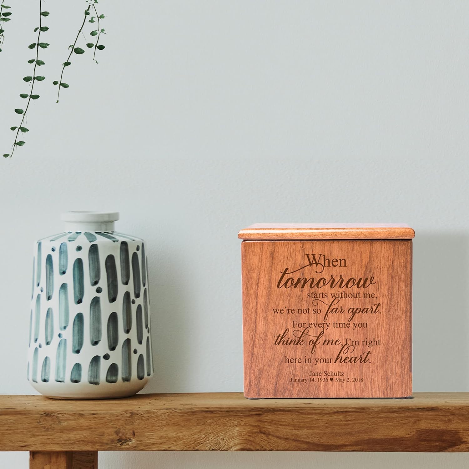 LifeSong Milestones Custom Wooden Cremation Urn Box for Human Ashes Loss Of Loved One (When Tomorrow Starts Bereavement) 4.5x4.5x4.75 Small Memorial Keepsake Urn Box holds 49 cu.in