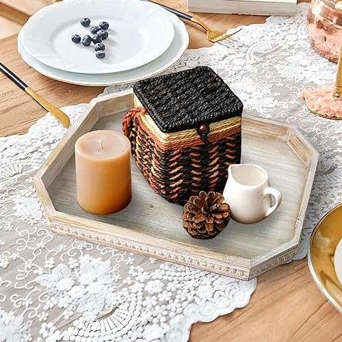 Miniatura 4 de Bandeja decorativa de madera, bandeja de servir rústica con cuentas de madera, bandeja grande de estilo granja para otomano, encimera, mesa de café,