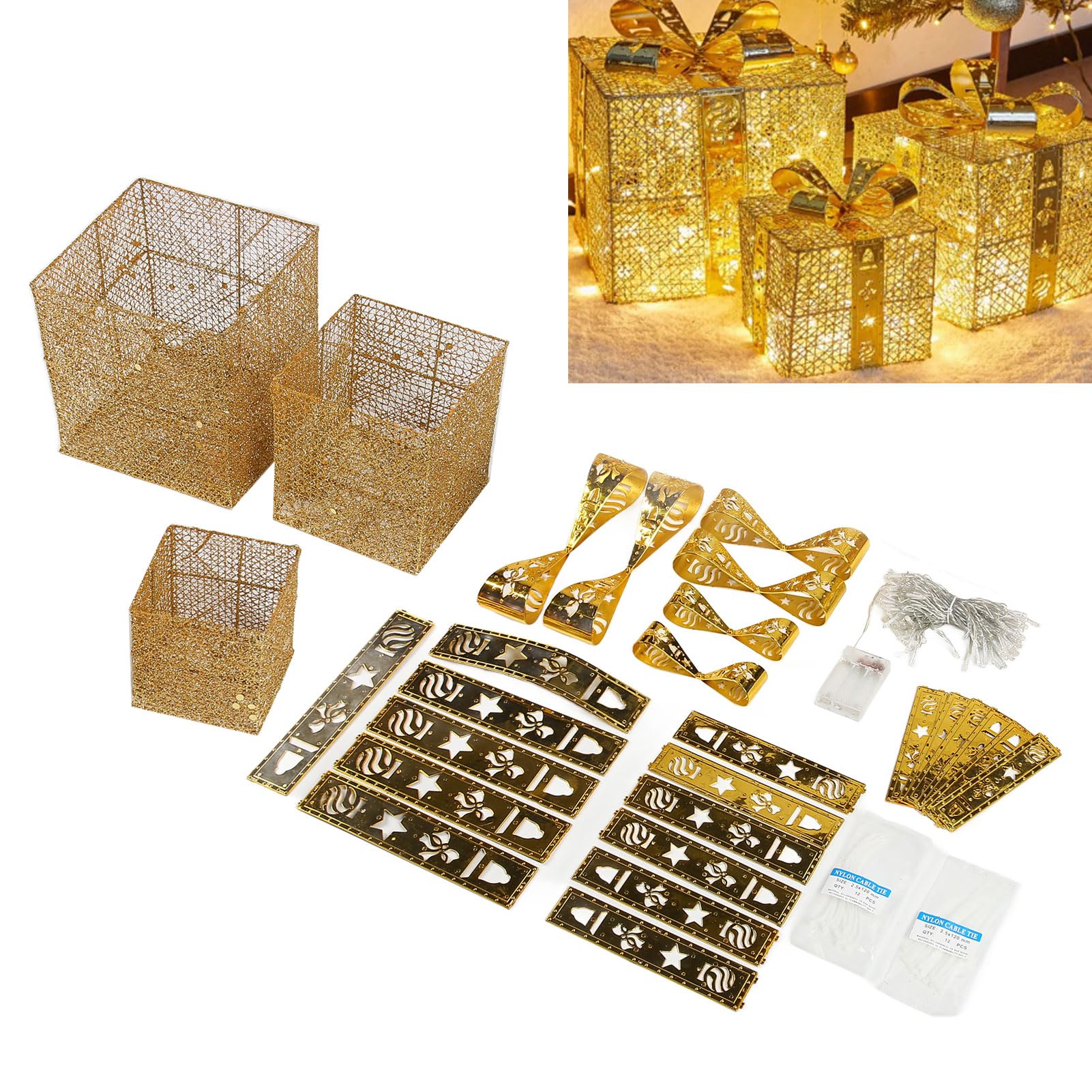 Scatole Luminose in Ferro 3 Pezzi,squisite Scatole Luminose Natalizie con Fiocchi,scatole Regalo a LED per Ornamento per Feste di Natale Decorazione Esterna