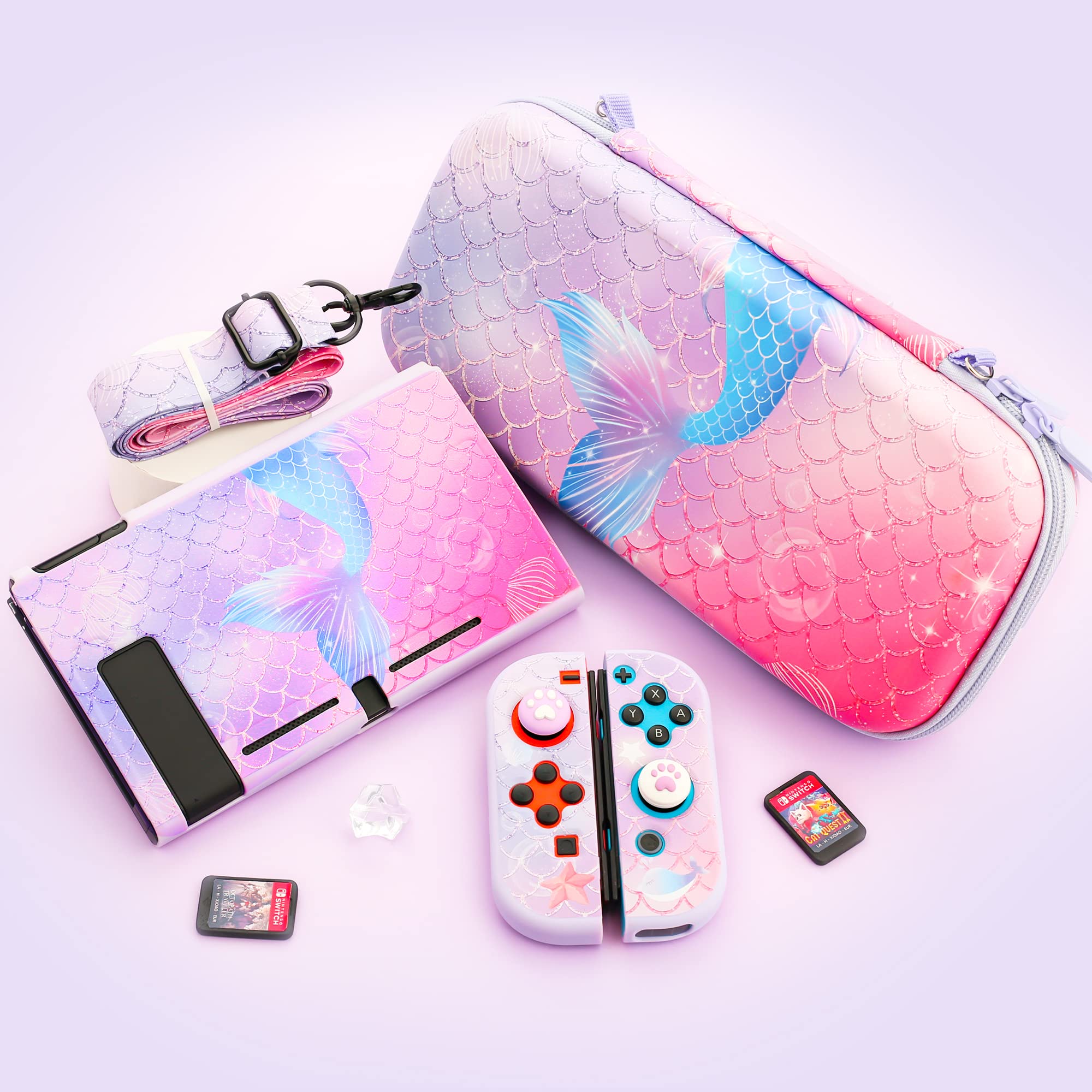 GLDRAM Custodia viola per Nintendo Switch, set di accessori con custodia da viaggio in PU portatile, guscio protettivo per PC, protezione schermo 9H, tappi per pollice e tracolla per sirena