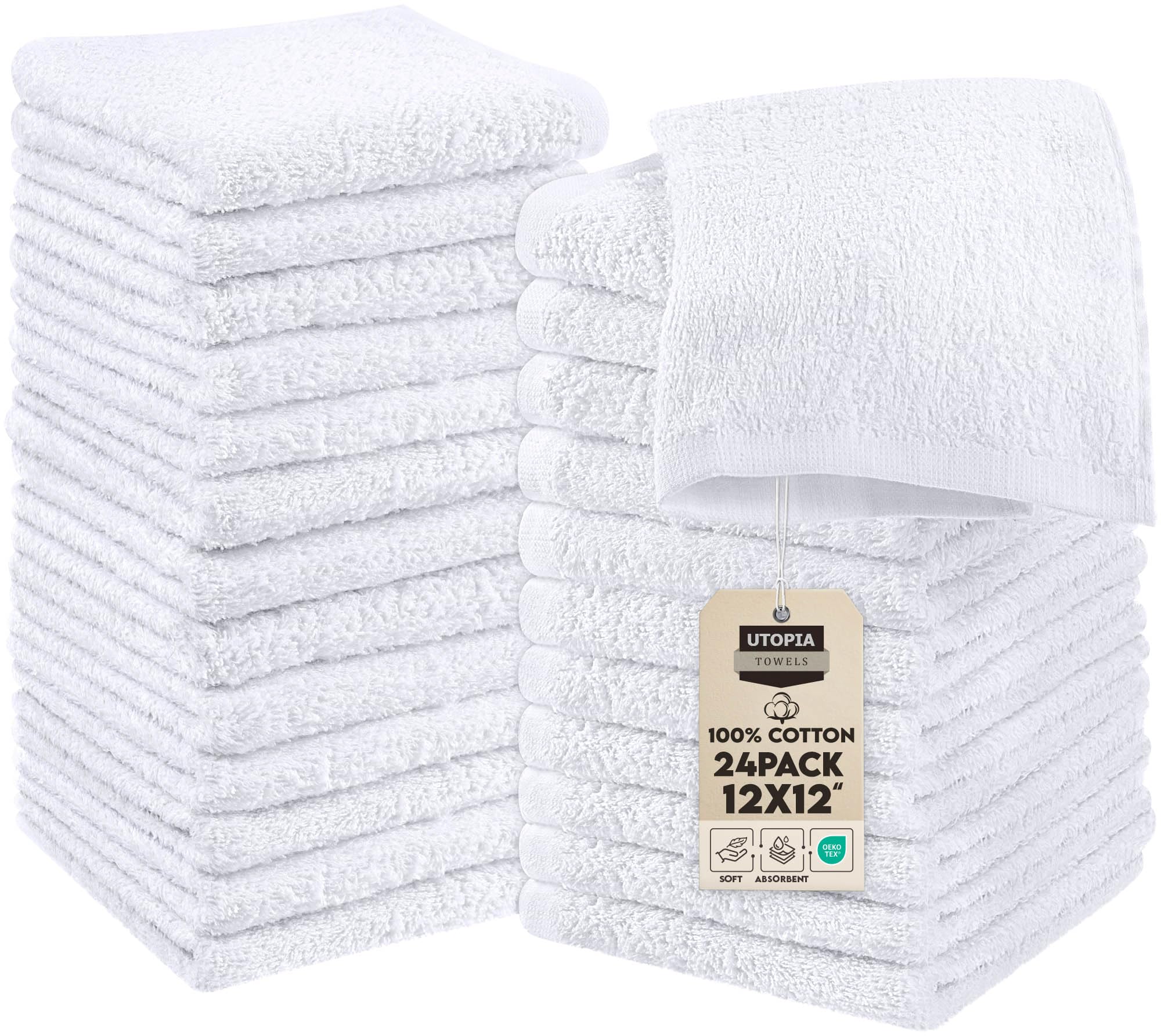 Utopia Towels 24 Pack Cotton Washcloths Set, 100% Ring Spun Cotton, Premium Quality Flannel Face Cloths, Highly Absorbent and Soft Feel Fingertip Towels, White
