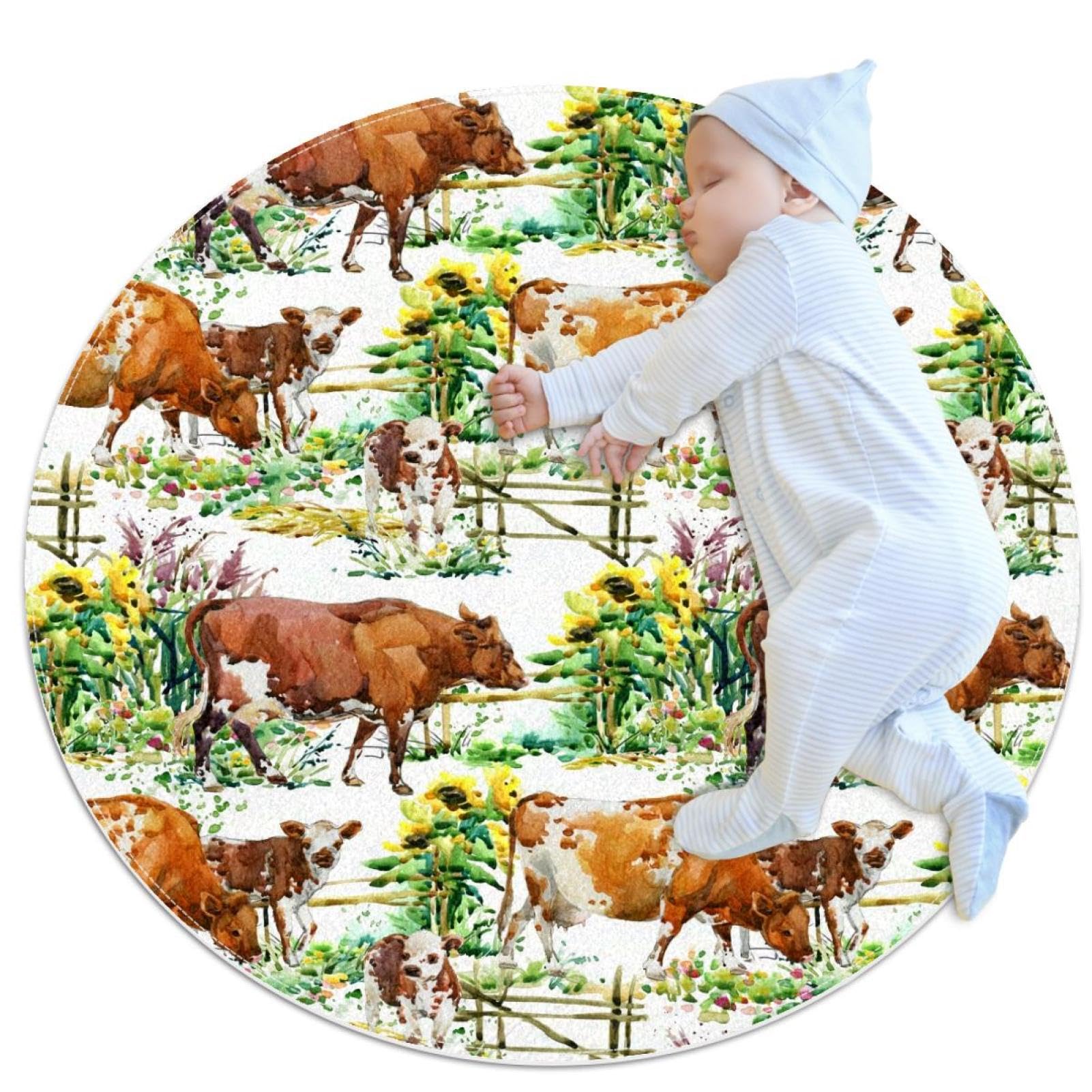 Tapis de salle de bain antidérapant rond 1m motif vaches pour chambre d'enfant et canapé