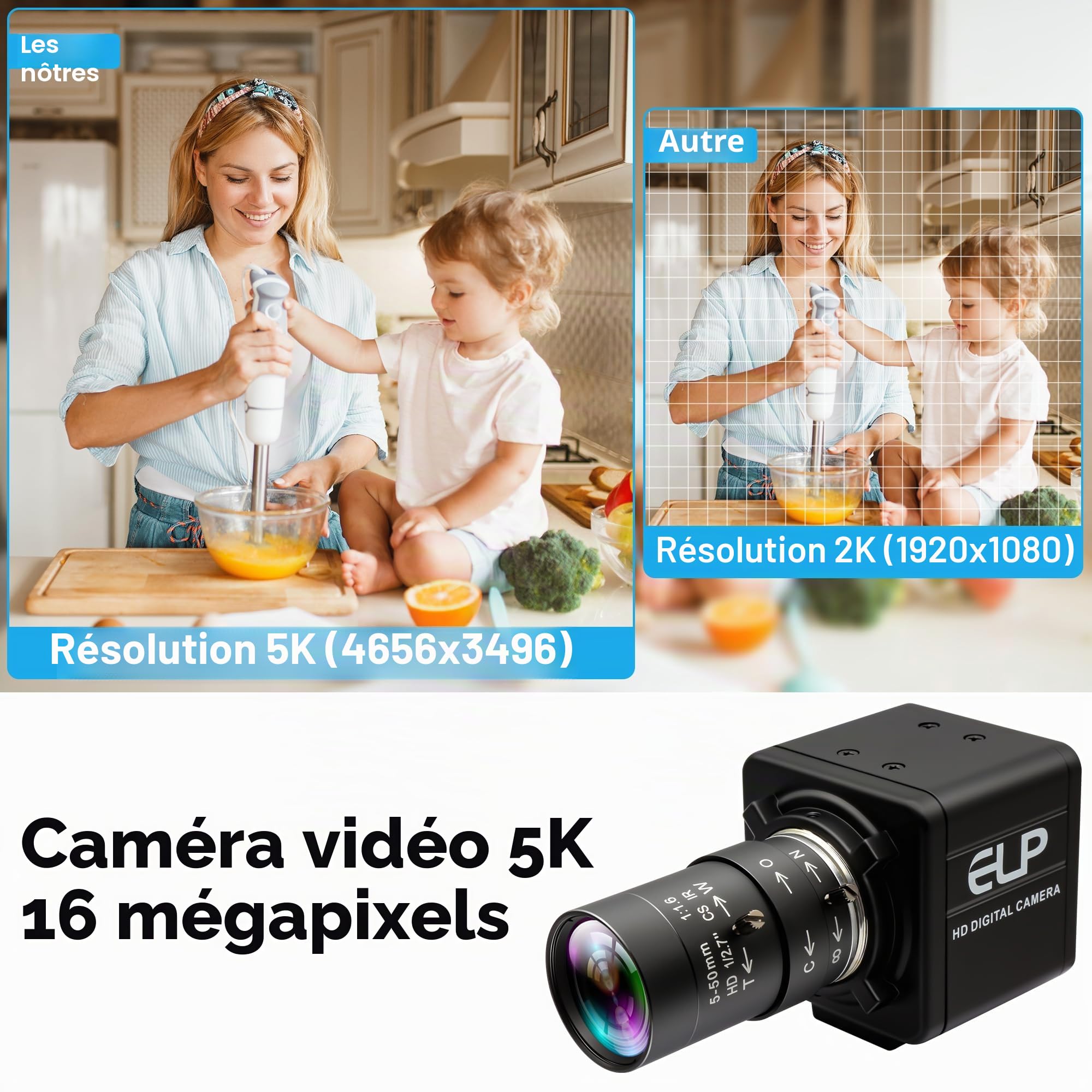 ELP Caméra USB 16 mégapixels haute résolution 5K USB avec monture CS 5-50 mm Objectif Varifocus manuel Gros plan OpenCV Caméra pilote gratuit pour Windows Linux Laptop Jetson Nano